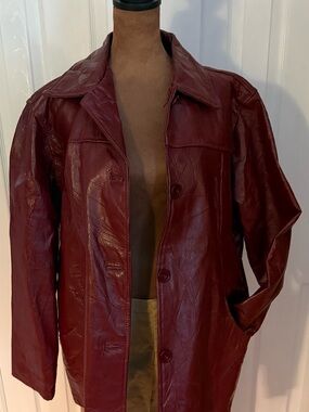 Burgundy Genuine Leather Jacket - Classic Button Front Coat Size L